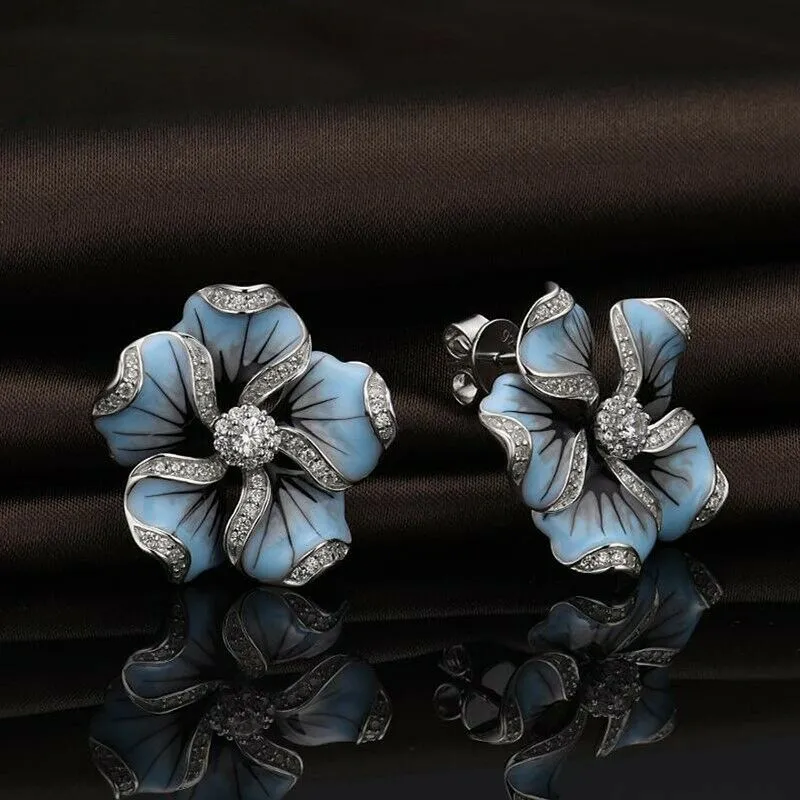 Wedding Jewelry Romantic Flower Stud Earrings for Women with Zircon in Gold Color