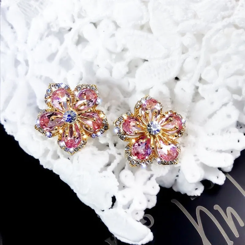 Wedding Jewelry Romantic Flower Stud Earrings for Women with Zircon in Gold Color