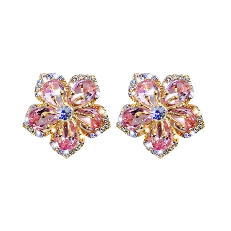 Wedding Jewelry Romantic Flower Stud Earrings for Women with Zircon in Gold Color