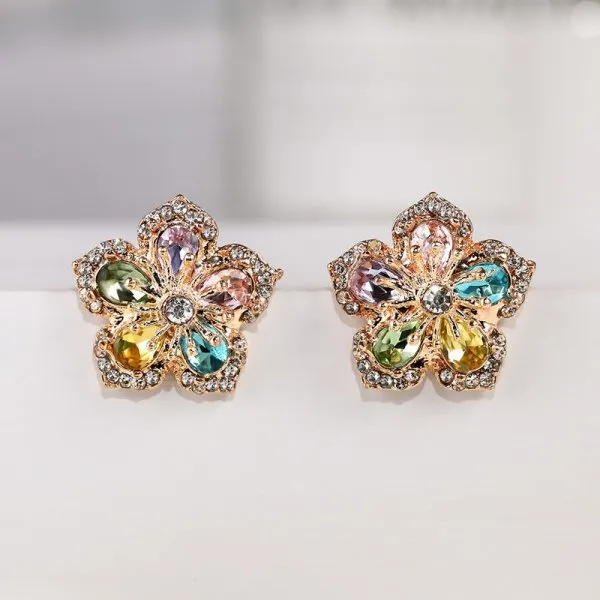 Wedding Jewelry Romantic Flower Stud Earrings for Women with Zircon in Gold Color