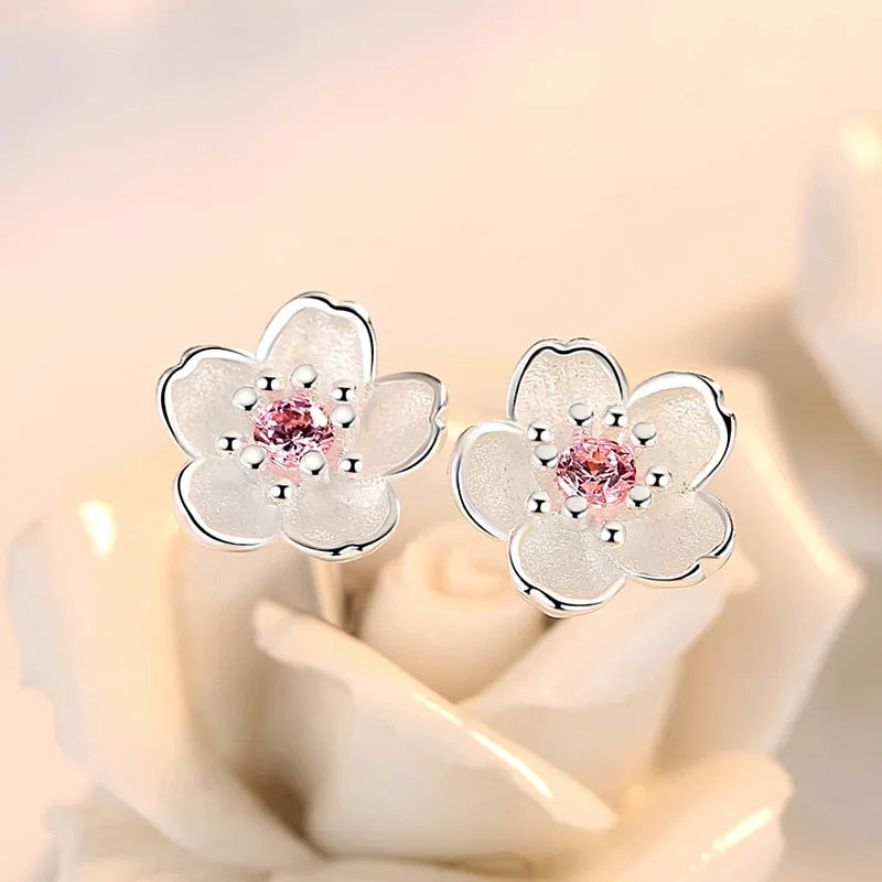 Wedding Jewelry Romantic Flower Stud Earrings for Women with Zircon in Gold Color