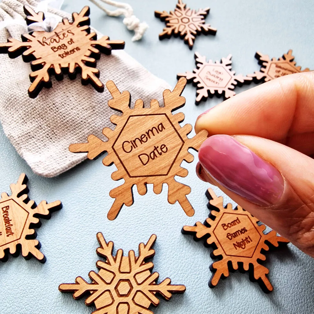 Wooden Personalised Couples Christmas Snowflake Tokens